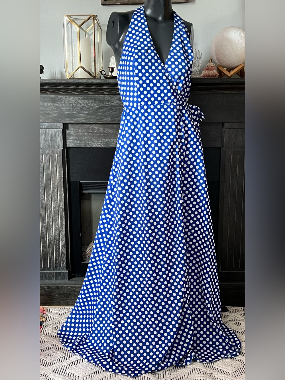 Vintage 70s Katie’s Australia Blue & White Polka Dot Maxi Wrap Dress